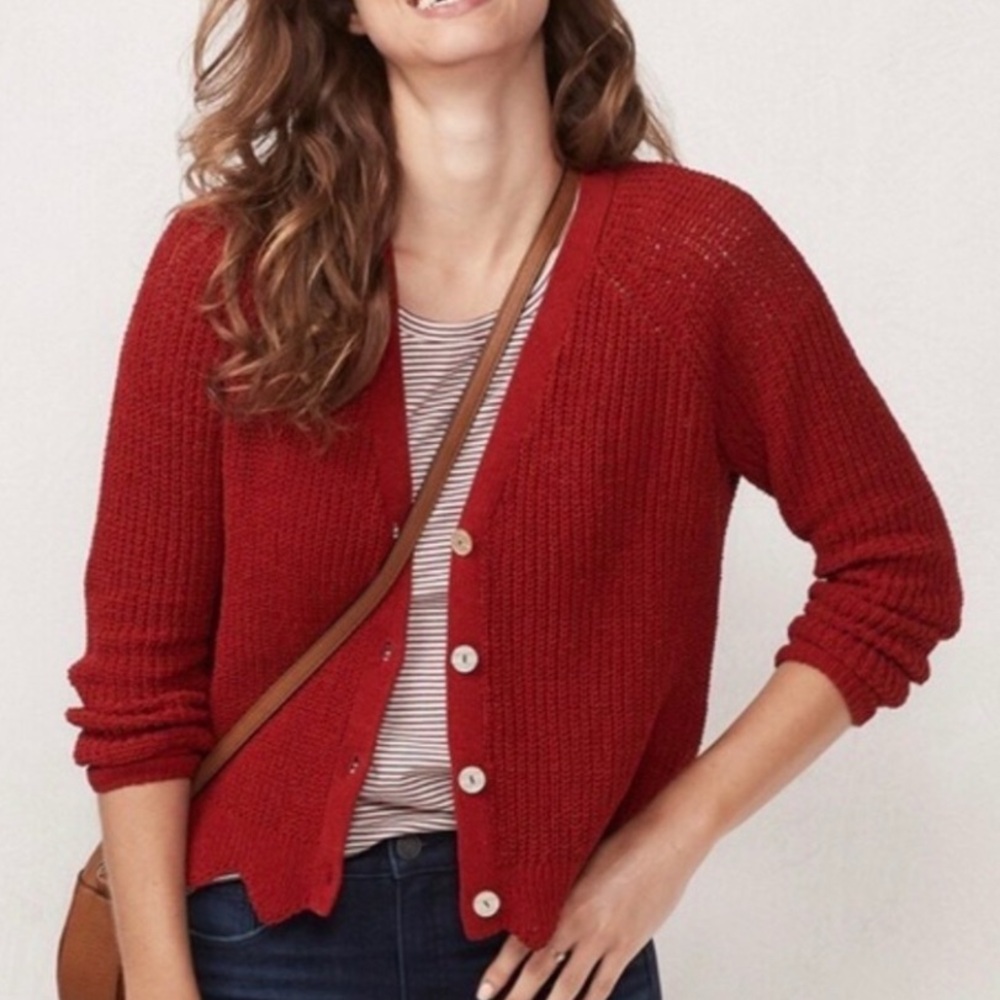 Lauren Conrad Women’s Red Cable Knit Button-Up Cardigan Sweater W/ Scallop Edge
